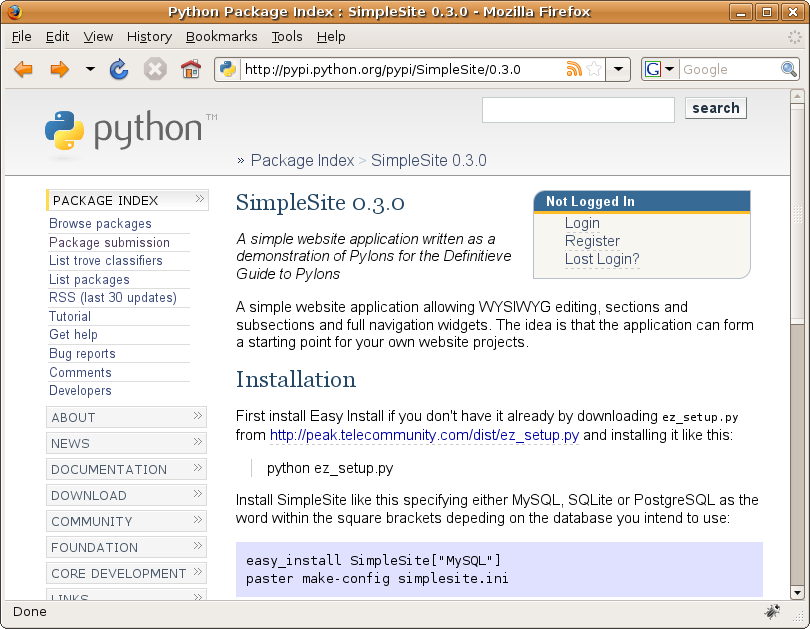 Figure 19-7. The SimpleSite project on the Python Package Index