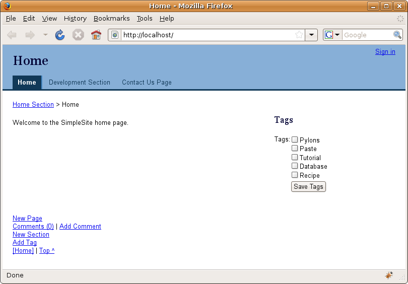 Figure 21-1. The finished SimpleSite application deployed with Apache and mod_wsgi